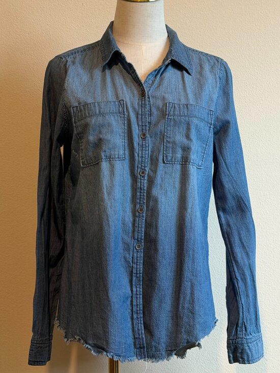 Melrose and Market Tops - Melrose and Market Lightweight Denim Shirt Raw Hem Distressed Blue Small
